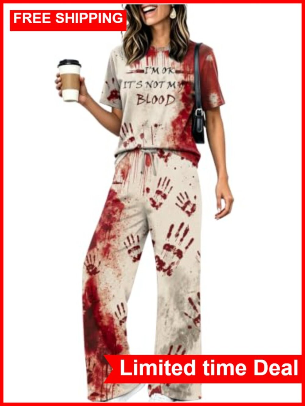 Skull Skeleton Halloween Set Women's Loose Pants 2pc